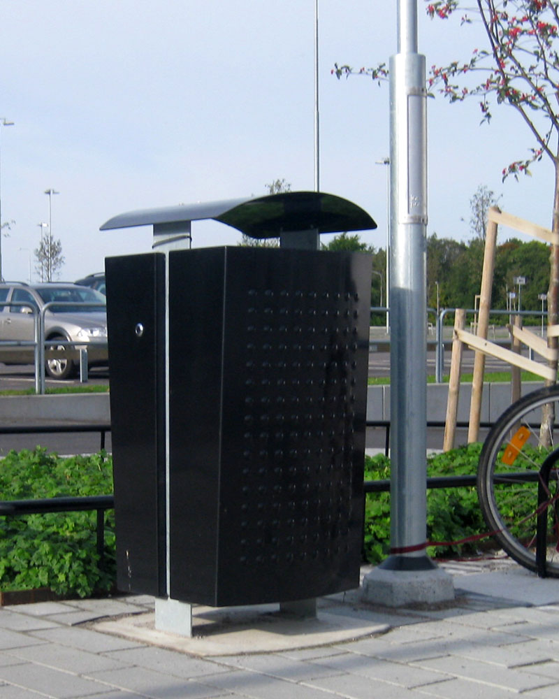 A large black litter bin for parks and commercial spaces.